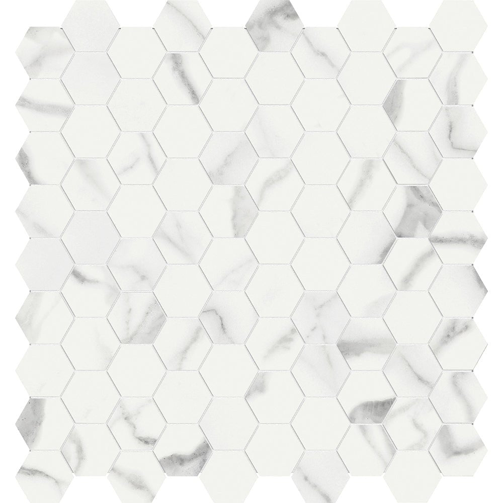 1.25 in. Mayfair Statuario Venato Hexagon Polished Glazed Porcelain Mosaic - BUILDMYPLACE