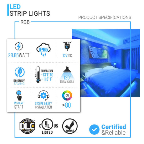 12V Commercial LED Light Strips, 16.4ft / 5M, SMD 5050, Color Changing LED Tape Light for Room, Bedroom - BUILDMYPLACE