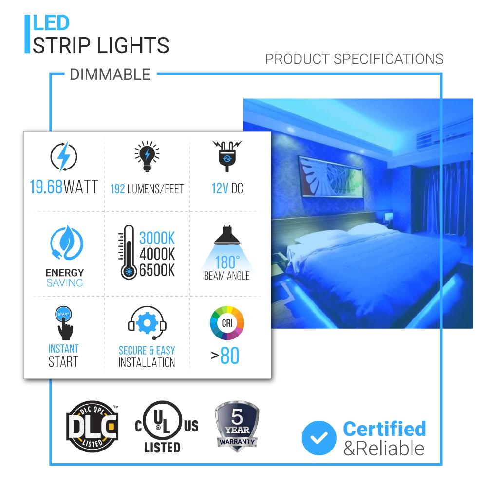 12V LED Strip Lights W/ DC Connector - IP20 - 192 Lumens/ft - Flexible LED Tape Lighting - BUILDMYPLACE