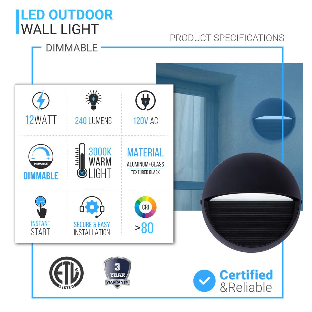 12W, Decorative LED Outdoor Wall Sconce, Half Round, Dimmable, ETL Listed, Frosted Glass Shade, Wet Location, 3000K/5000K, Deck Rail Lighting, Black - BUILDMYPLACE
