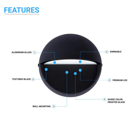 12W, Decorative LED Outdoor Wall Sconce, Half Round, Dimmable, ETL Listed, Frosted Glass Shade, Wet Location, 3000K/5000K, Deck Rail Lighting, Black - BUILDMYPLACE