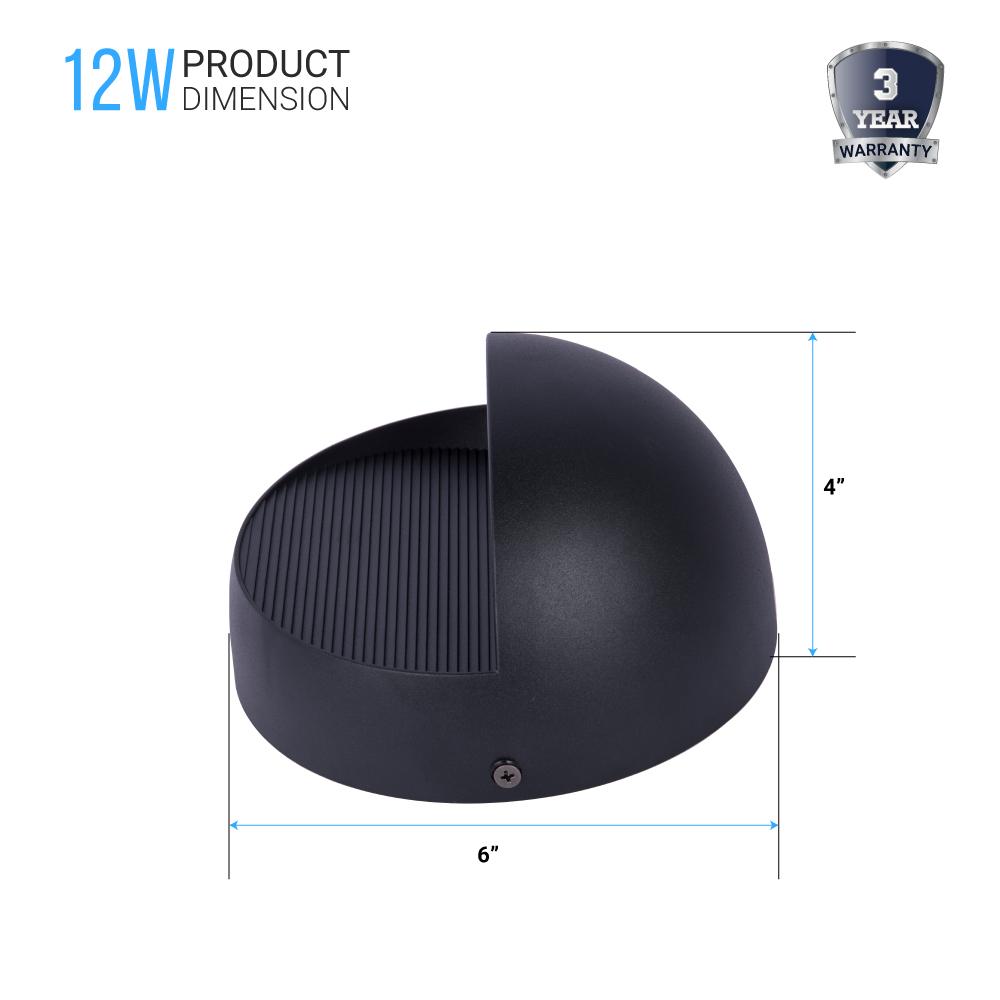 12W, Decorative LED Outdoor Wall Sconce, Half Round, Dimmable, ETL Listed, Frosted Glass Shade, Wet Location, 3000K/5000K, Deck Rail Lighting, Black - BUILDMYPLACE