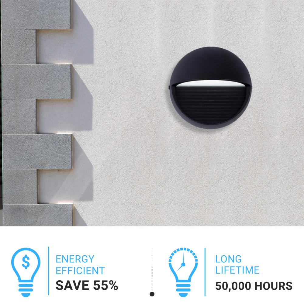 12W, Decorative LED Outdoor Wall Sconce, Half Round, Dimmable, ETL Listed, Frosted Glass Shade, Wet Location, 3000K/5000K, Deck Rail Lighting, Black - BUILDMYPLACE