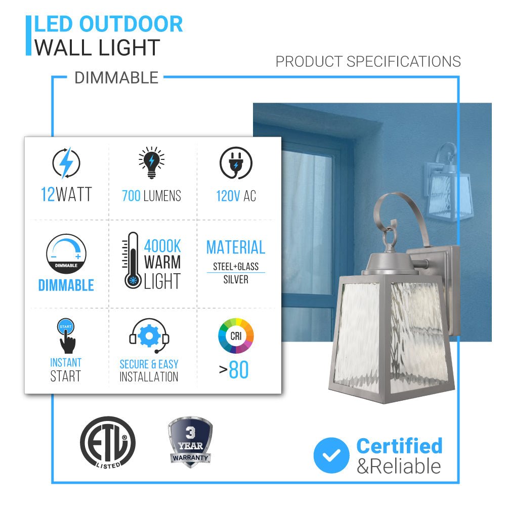 12W LED Outdoor Wall Lantern Fixture with Water Glass Shade, 4000K (Cool White), Dimmable, ETL Listed - BUILDMYPLACE