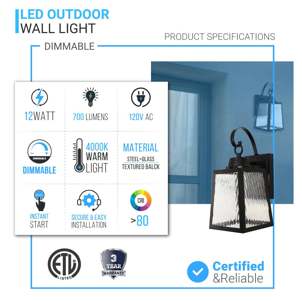 12W LED Outdoor Wall Lantern Fixture with Water Glass Shade, 4000K (Cool White), Dimmable, ETL Listed - BUILDMYPLACE