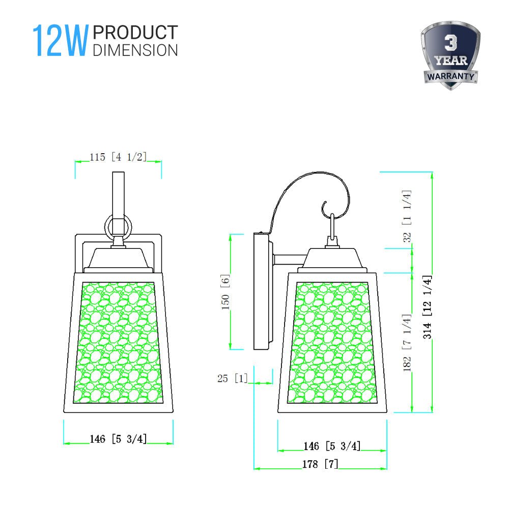 12W LED Outdoor Wall Lantern Fixture with Water Glass Shade, 4000K (Cool White), Dimmable, ETL Listed - BUILDMYPLACE