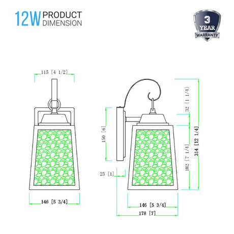 12W LED Outdoor Wall Lantern Fixture with Water Glass Shade, 4000K (Cool White), Dimmable, ETL Listed - BUILDMYPLACE