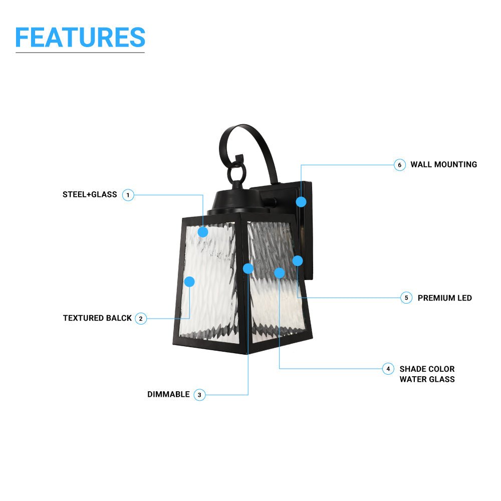 12W LED Outdoor Wall Lantern Fixture with Water Glass Shade, 4000K (Cool White), Dimmable, ETL Listed - BUILDMYPLACE
