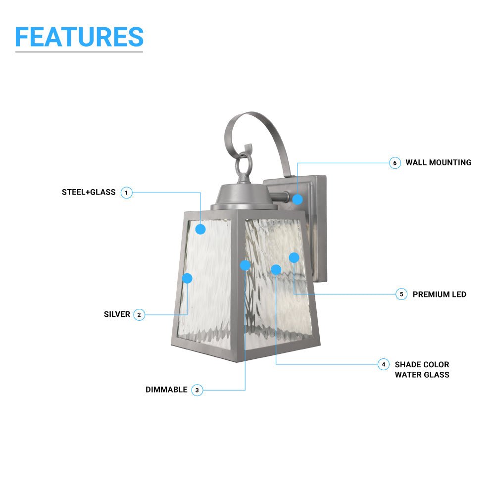 12W LED Outdoor Wall Lantern Fixture with Water Glass Shade, 4000K (Cool White), Dimmable, ETL Listed - BUILDMYPLACE