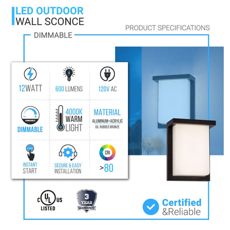 12W LED Outdoor Wall Sconce Light - Oil Rubbed Bronze Finish, 600LM, ETL Listed - Wet Location LED Outdoor Wall Light - BUILDMYPLACE