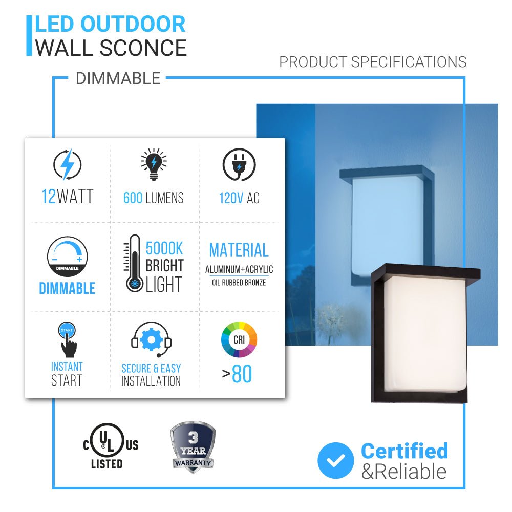 12W LED Outdoor Wall Sconce Light - Oil Rubbed Bronze Finish, 600LM, ETL Listed - Wet Location LED Outdoor Wall Light - BUILDMYPLACE