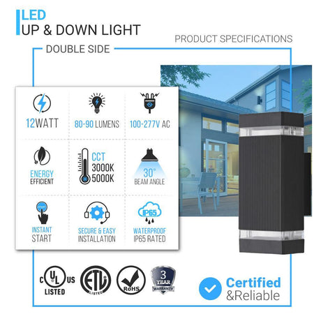 12W LED Wall Lights - Double Side Up & Down - AC100 - 277V Square - 3000K - IP65 Rated - Modern Wall Lamp - BUILDMYPLACE