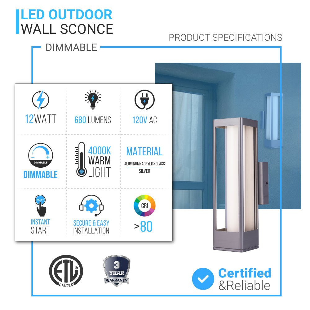 12W Modern LED Outdoor Wall Sconce Light, Silver Finish, Dimmable, ETL Listed - Wet Location - BUILDMYPLACE