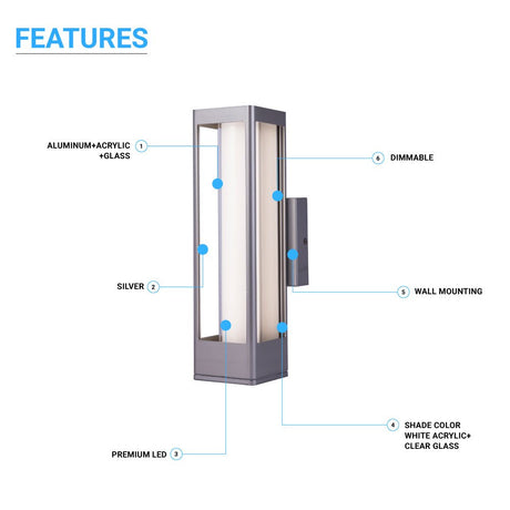 12W Modern LED Outdoor Wall Sconce Light, Silver Finish, Dimmable, ETL Listed - Wet Location - BUILDMYPLACE