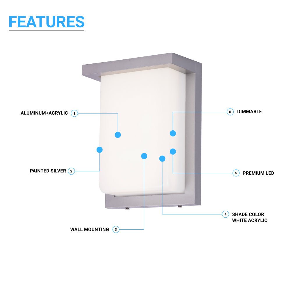 12W Rectangle Shape LED Outdoor Wall Sconce, Painted Silver Finish, White Acrylic Shade, ETL Listed - BUILDMYPLACE