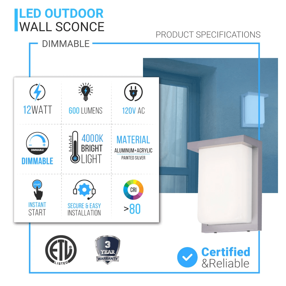 12W Rectangle Shape LED Outdoor Wall Sconce, Painted Silver Finish, White Acrylic Shade, ETL Listed - BUILDMYPLACE