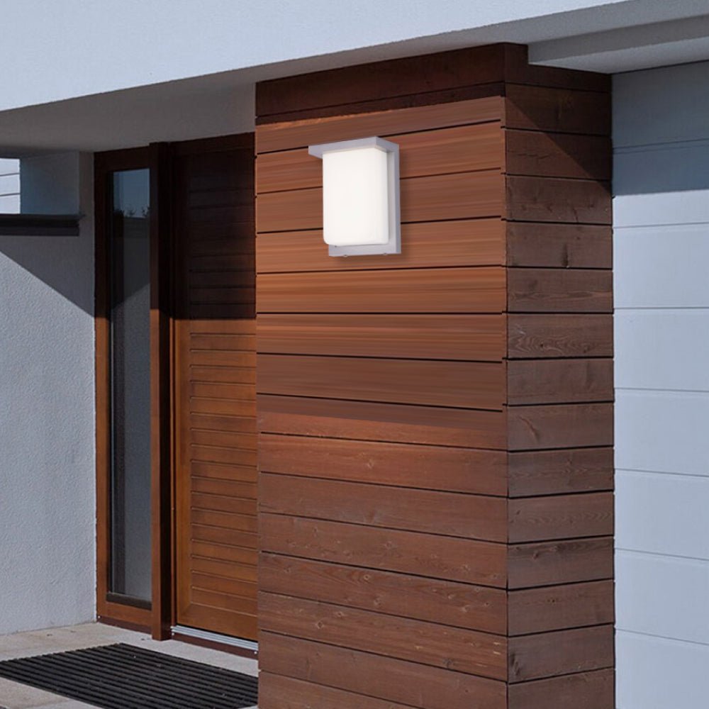 12W Rectangle Shape LED Outdoor Wall Sconce, Painted Silver Finish, White Acrylic Shade, ETL Listed - BUILDMYPLACE