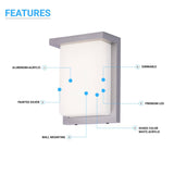 12W Rectangle Shape LED Outdoor Wall Sconce, Painted Silver Finish, White Acrylic Shade, ETL Listed - BUILDMYPLACE