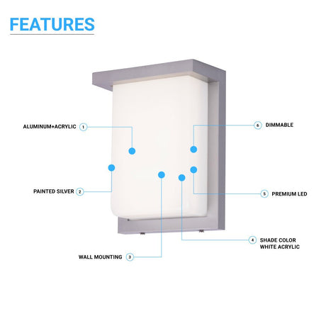 12W Rectangle Shape LED Outdoor Wall Sconce, Painted Silver Finish, White Acrylic Shade, ETL Listed - BUILDMYPLACE