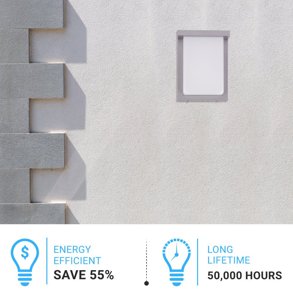 12W Rectangle Shape LED Outdoor Wall Sconce, Painted Silver Finish, White Acrylic Shade, ETL Listed - BUILDMYPLACE