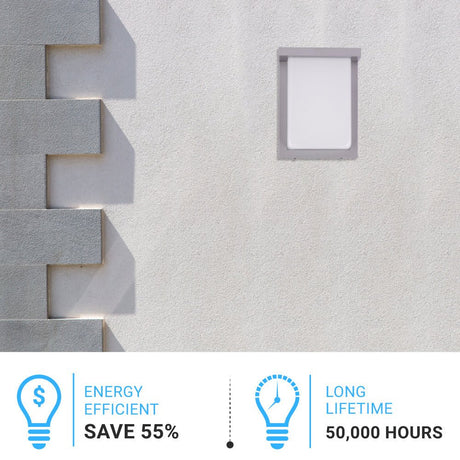 12W Rectangle Shape LED Outdoor Wall Sconce, Painted Silver Finish, White Acrylic Shade, ETL Listed - BUILDMYPLACE