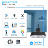 12W Textured Black Gooseneck LED Outdoor Wall Light with Nickel Cage, 3000K (Warm White), Dimmable, 1000 Lumens, ETL Listed - BUILDMYPLACE