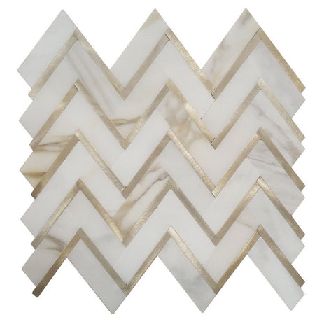 13" X 11" X 10 mm Calacatta White with Golden Metal Waterjet Mosaic Zigzag - BUILDMYPLACE