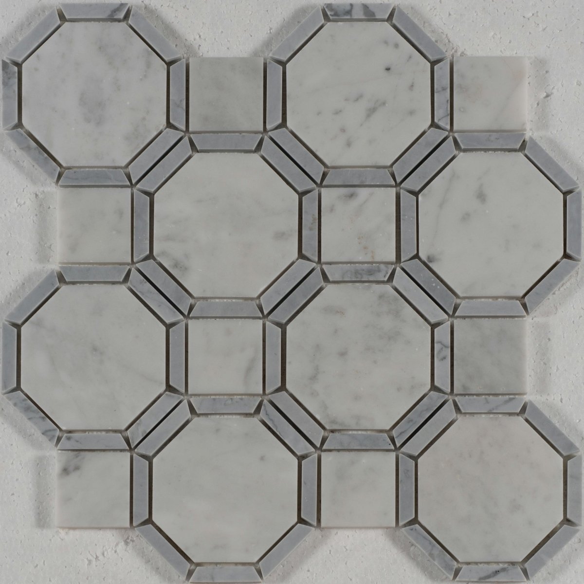 13 X 13 in. Gables Carrara Octagon White and Gray Line Polished Marble Mosaic Tile - BUILDMYPLACE