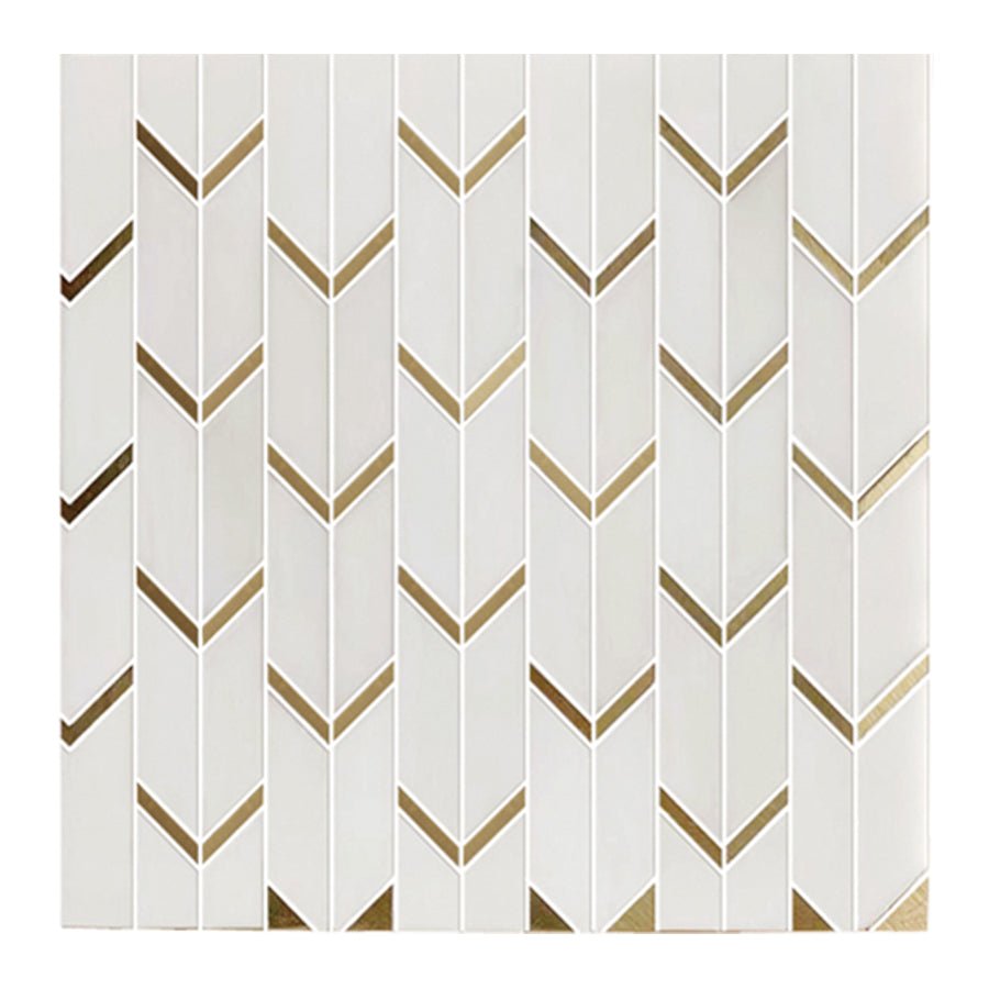 14" X 12" X 10 mm Dolomite White Marble with Gold Accents Waterjet Mosaic Arrow - BUILDMYPLACE