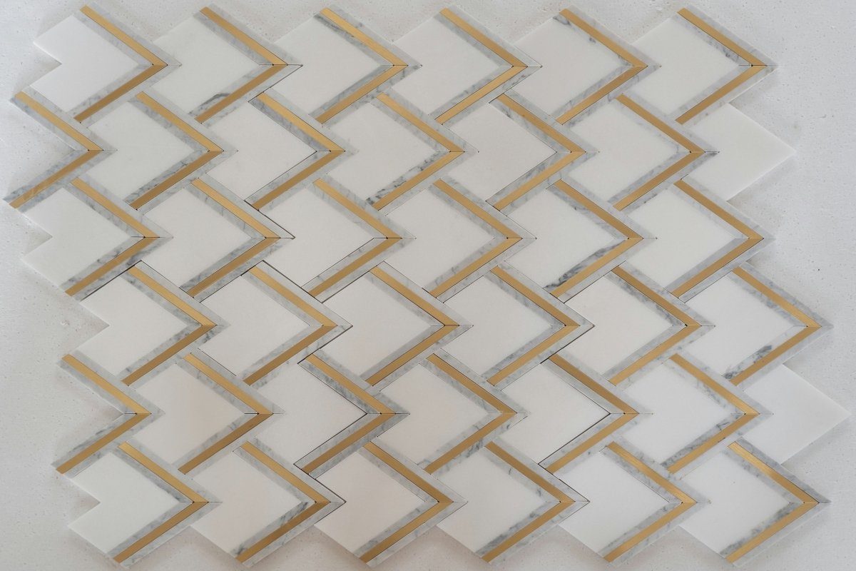 14 X 16 in. Thassos Carrara Brass White Polished Waterjet Mosaic - BUILDMYPLACE