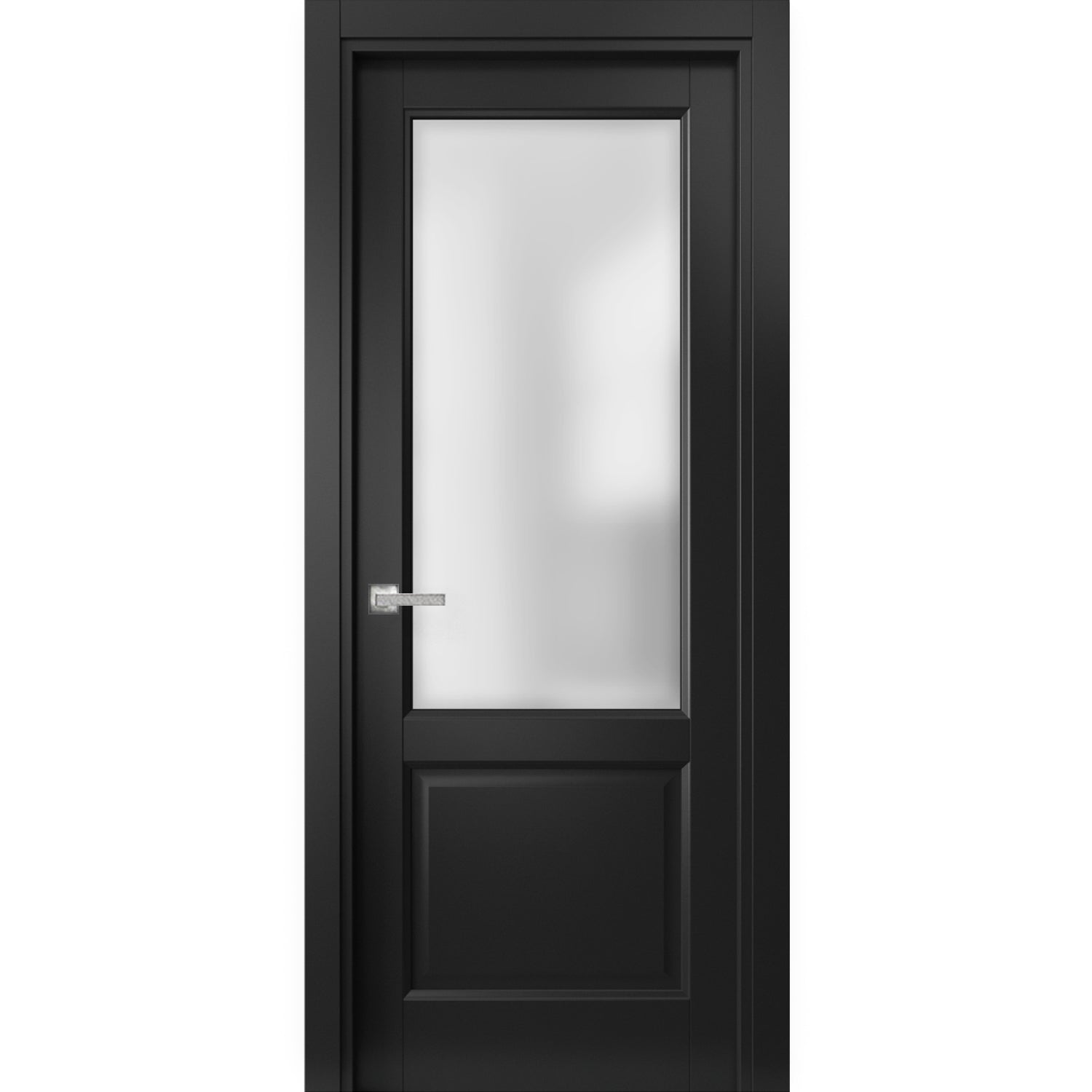 Solid Interior French | Lucia 22 Matte Black with Frosted Glass | Single Regular Panel Frame Trims Handle | Bathroom Bedroom Sturdy Doors