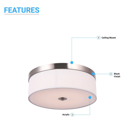 15 in. Drum Shape LED Flush Ceiling Mount Light, 20W, 4000K (Cool White), 2800LM Brushed Nickel Finish & Milky White Acrylic Shade, Hallway Light Fixtures - BUILDMYPLACE