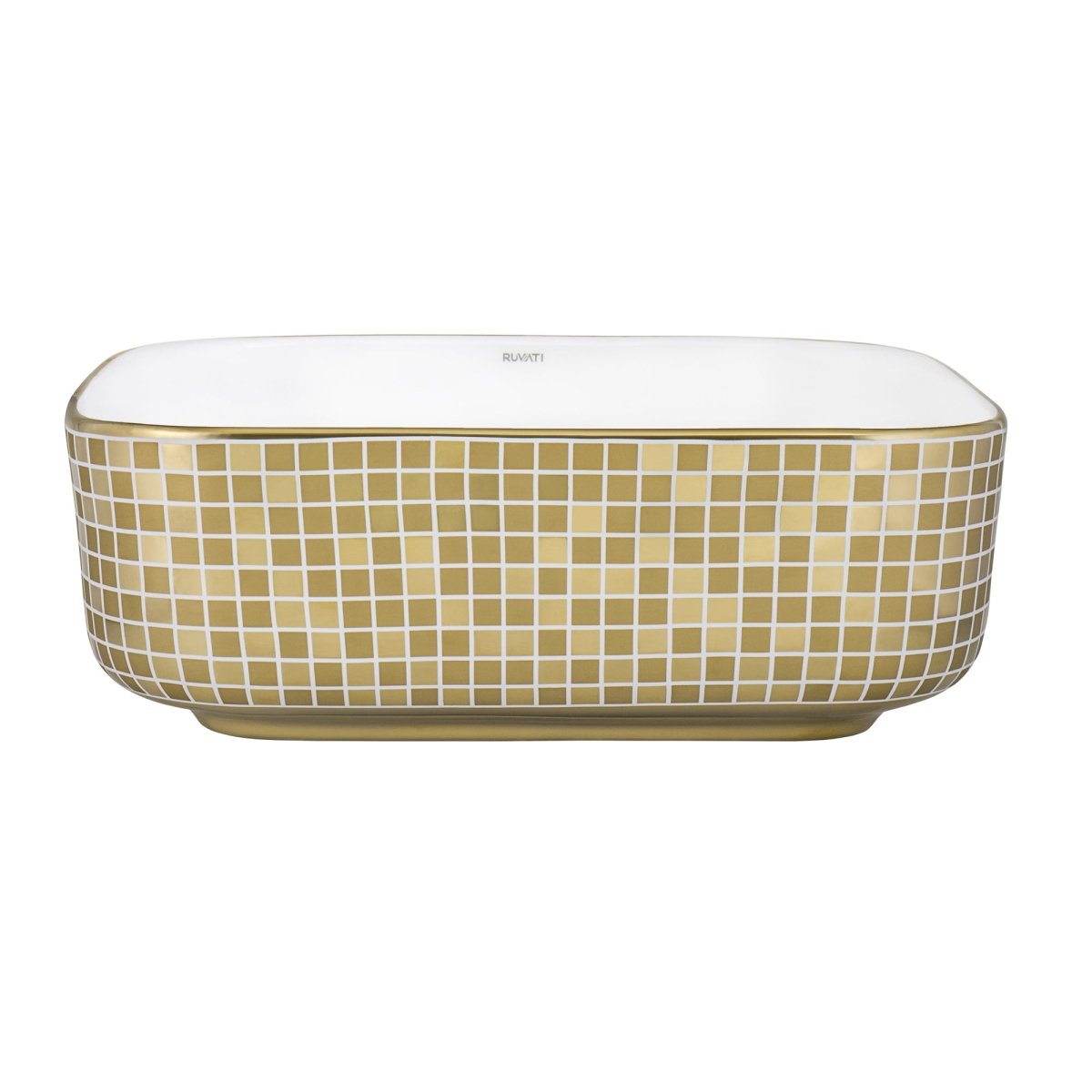 15 x 15 inch Bathroom Vessel Sink Gold Decorative Pattern Above Vanity Counter White Porcelain Ceramic - BUILDMYPLACE