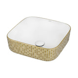 15 x 15 inch Bathroom Vessel Sink Gold Decorative Pattern Above Vanity Counter White Porcelain Ceramic - BUILDMYPLACE