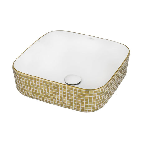 15 x 15 inch Bathroom Vessel Sink Gold Decorative Pattern Above Vanity Counter White Porcelain Ceramic - BUILDMYPLACE