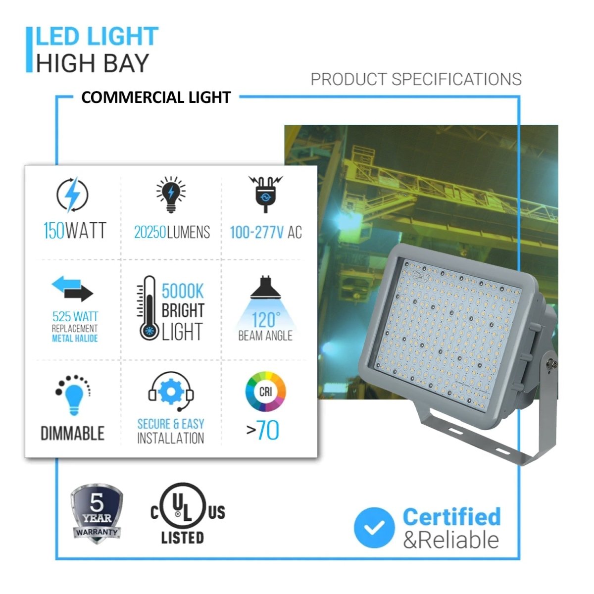 150 Watt LED Explosion Proof Flood Light, A Series, Dimmable, 5000K, 20250LM, AC200 - 480V, IP66, Hazardous Location Lighting Fixtures - BUILDMYPLACE