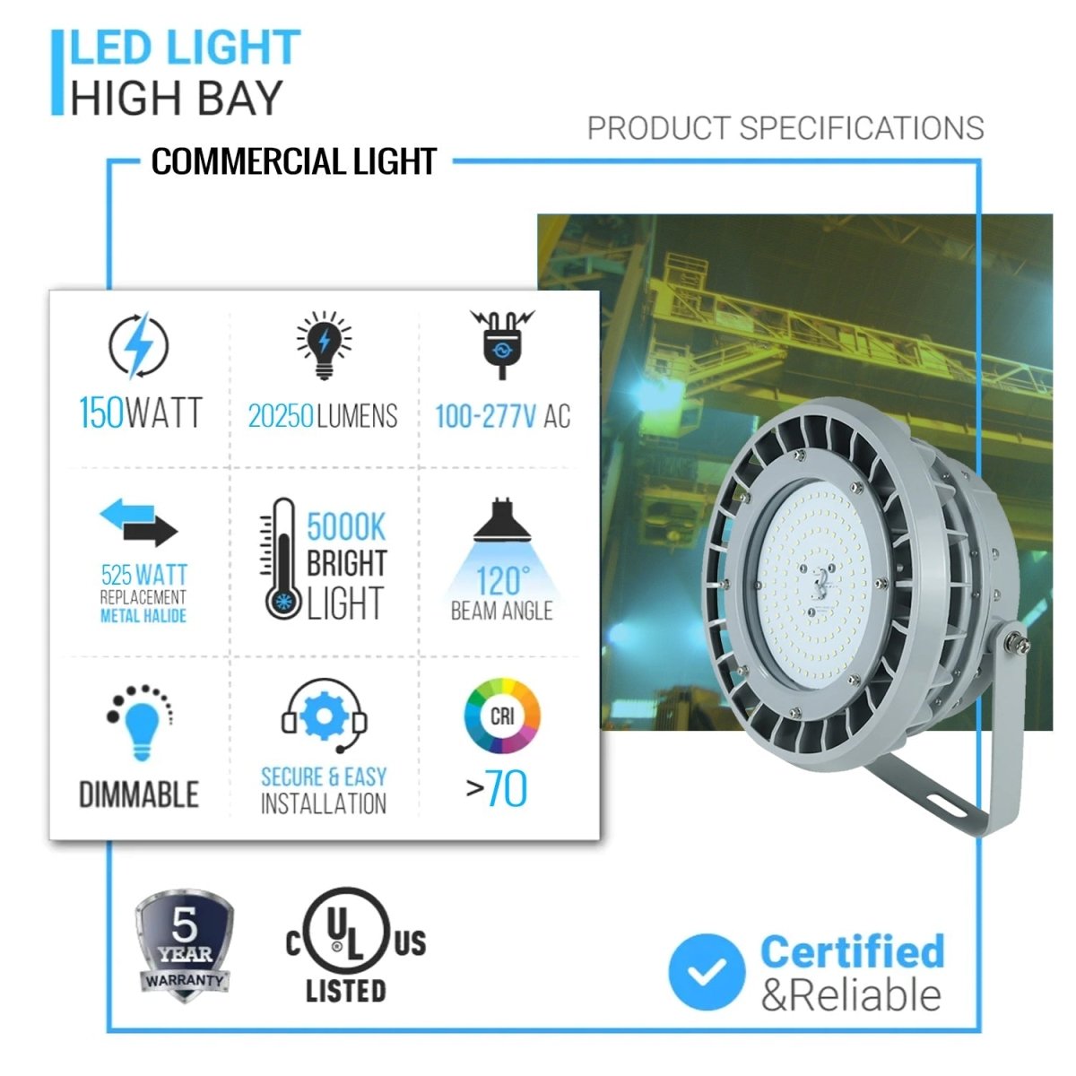 150 Watt LED Explosion Proof Round High Bay Light, B Series, Dimmable, 5000K, 20250LM, AC100 - 277V, IP66, Hazardous Location Lighting Fixtures - BUILDMYPLACE