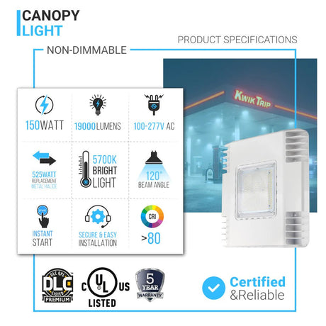 150W LED Canopy Light: 5700K, 19000LM, AC100 - 277V, DLC Premium - Recessed Surface Mount for High Bay Carports, Gas Stations, Indoor Parking, Underpasses, Loading Dock - BUILDMYPLACE