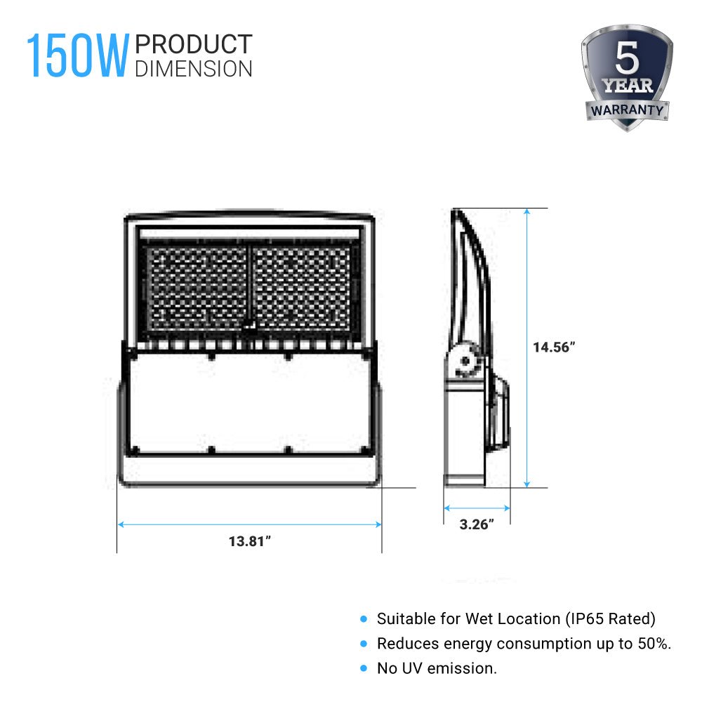 150W LED Flood Light - 400W Equivalent - Black - 21000 Lumens - 5700K - Yoke Mount - DLC Approved Floodlight - BUILDMYPLACE