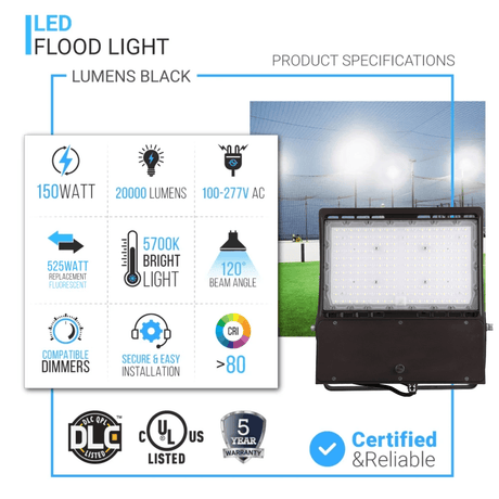 150W LED Flood Light - 400W Equivalent - Black - 21000 Lumens - 5700K - Yoke Mount - DLC Approved Floodlight - BUILDMYPLACE