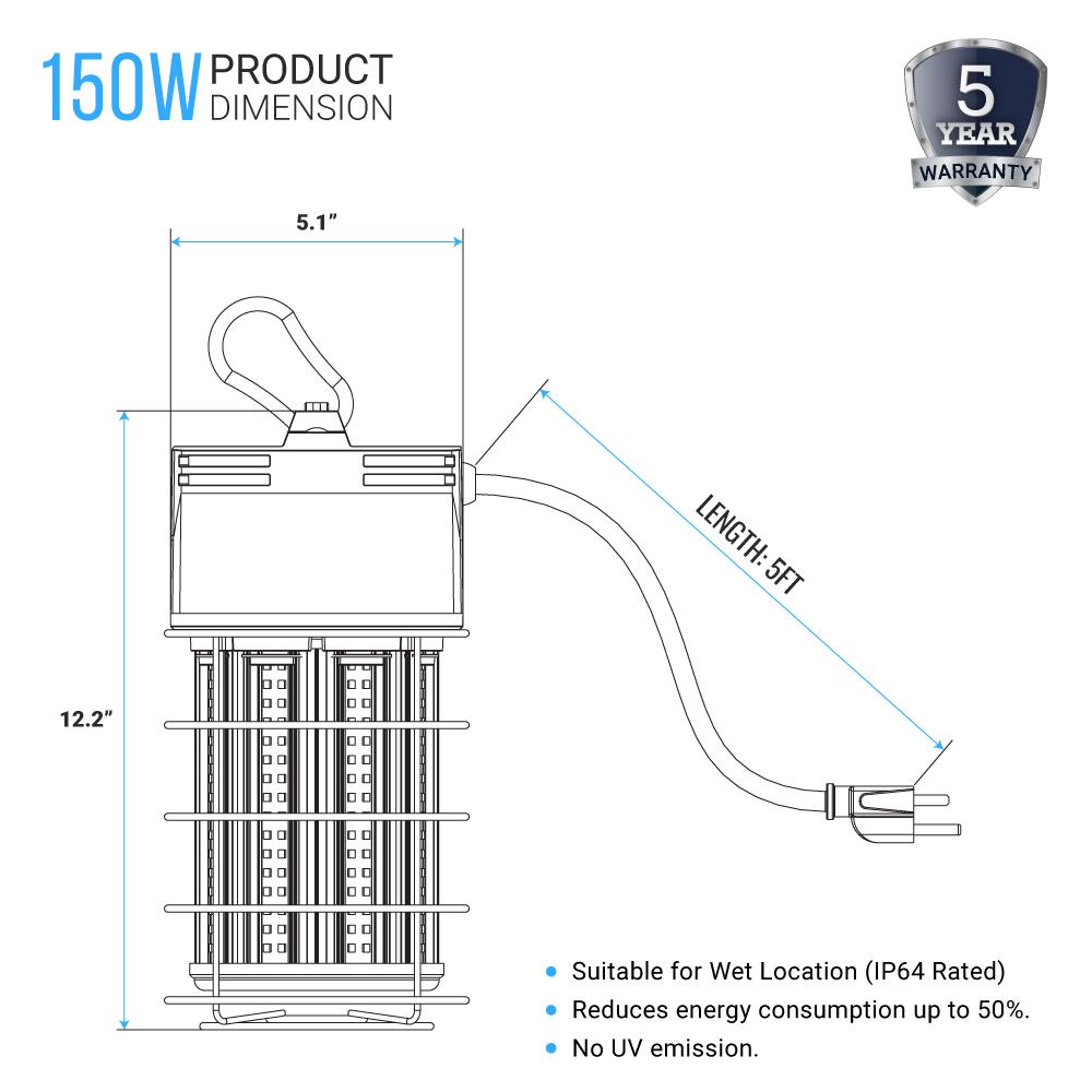 150W Work Light Fixture With Cage - 5000K , 18000 Lumens , IP64 Rated - BUILDMYPLACE