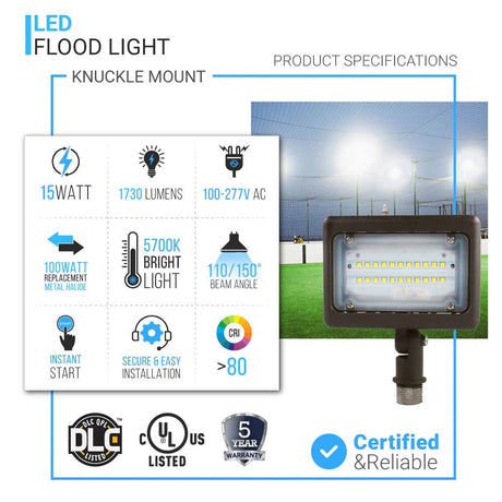 15W LED Flood Light - 100W Equivalent - Knuckle Mount - 1635 Lumens - 5700K Bronze Exterior Security Lights - BUILDMYPLACE