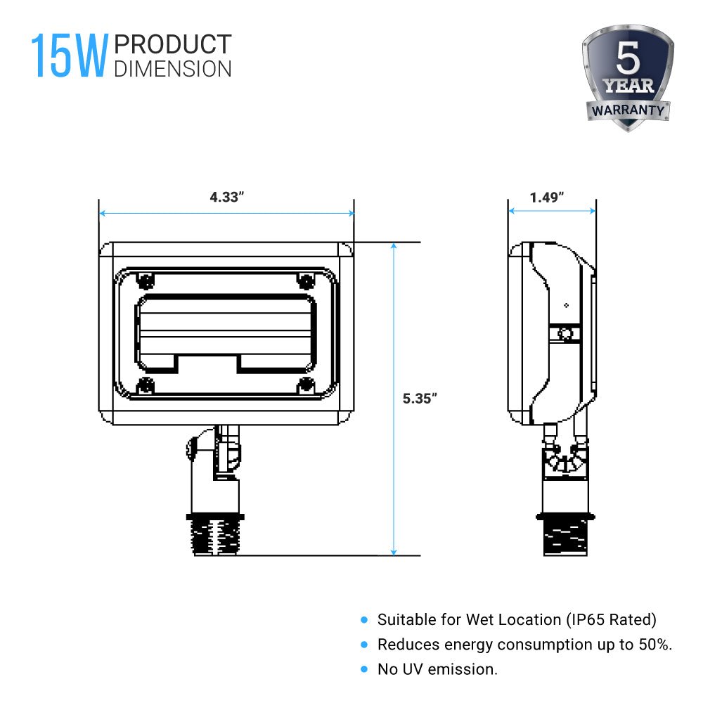 15W LED Flood Light - 100W Equivalent - Knuckle Mount - 1635 Lumens - 5700K Bronze Exterior Security Lights - BUILDMYPLACE