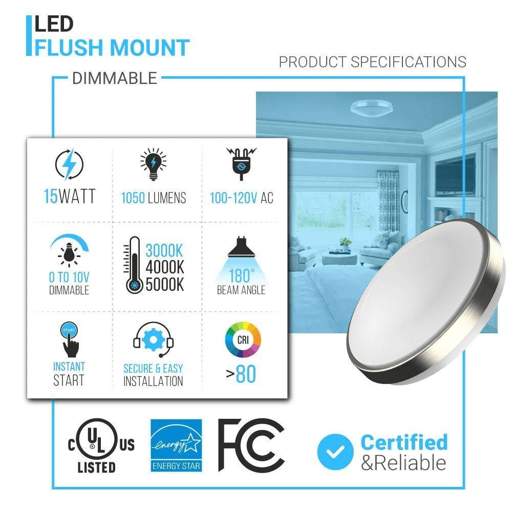 15W LED Flush Mount Ceiling Lights - 11" Round Brushed Nickel Design - 1050 Lm - Single Ring - BUILDMYPLACE