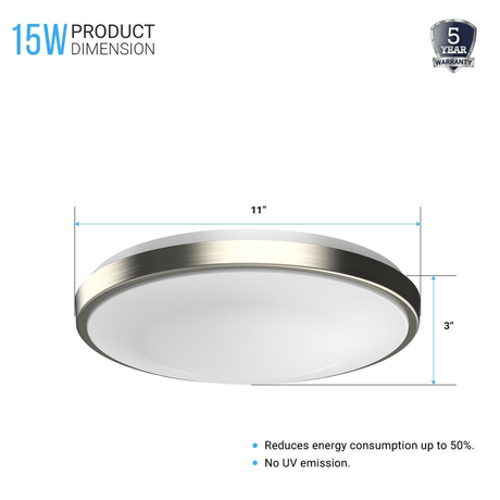 15W LED Flush Mount Ceiling Lights - 11" Round Brushed Nickel Design - 1050 Lm - Single Ring - BUILDMYPLACE