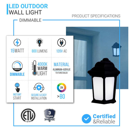 15W LED Outdoor Wall Sconce lighting Fixtures, 5000K (Daylight White), Textured Black Finish, 800 Lumens, ETL Listed - BUILDMYPLACE