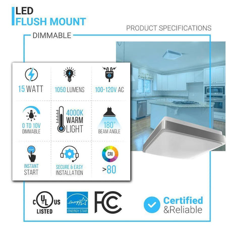 15W Square LED Flush Mount Ceiling Light - 11 inch Brushed Nickel - 1050 Lm - Single Ring - BUILDMYPLACE