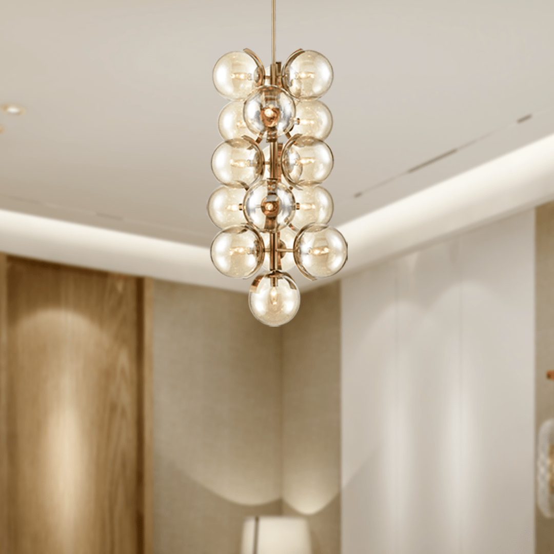 16 - Light Modern Glass Ball Bubble Chandelier New Brass Finish Hardware with Mercury Glass, E12 Base - BUILDMYPLACE