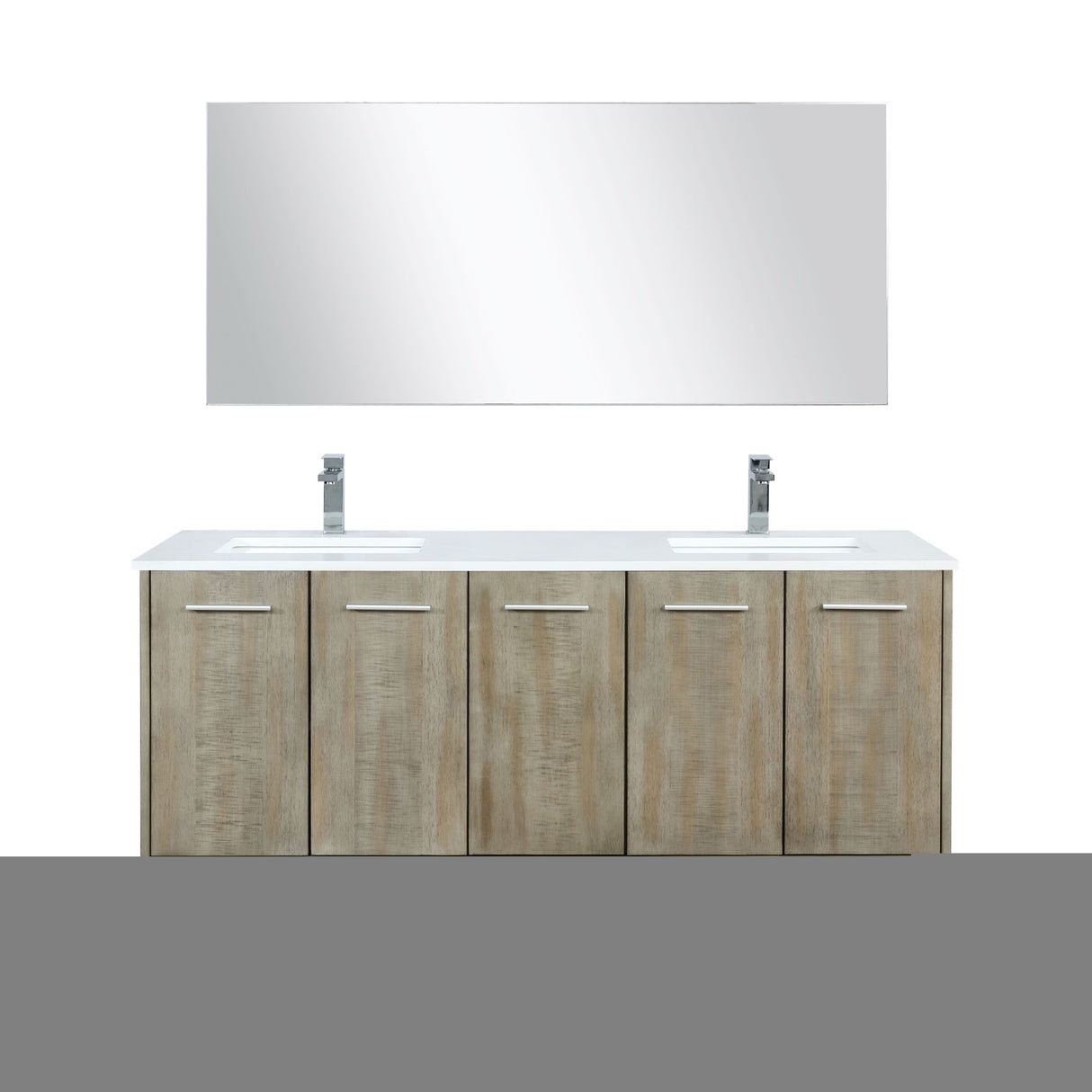 Lancy 60" Rustic Acacia Double Bathroom Vanity, White Quartz Top, White Square Sinks, Monte Chrome Faucet Set, and 55" Frameless Mirror