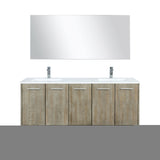Lancy 60" Rustic Acacia Double Bathroom Vanity, White Quartz Top, White Square Sinks, Monte Chrome Faucet Set, and 55" Frameless Mirror